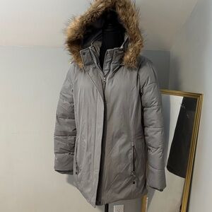 Time and Tru Gray Hooded Puffer Jacket with Faux Fur Trim Insulated Parka Coat